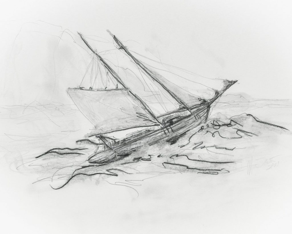 011 -A Schooner project drawings 2021 by Monte Thornton $100 for original 18x24 Archival paper.