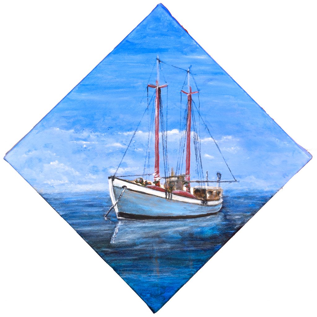 Till we’re ready again. - Smooth Sailing Exhibit Schooners -18x18 -Acrylic- on canvas- $1640