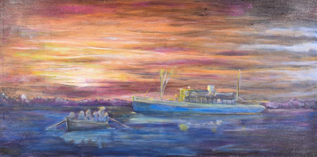 Going ashore. - Smooth Sailing Exhibit Schooners -24x48 -Acrylic- on canvas- $1880