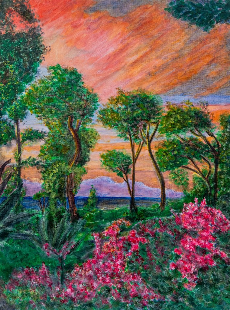 Seascape, Landscape, Backyard-sunset-on-the-bluff-Cayman-Brac-18x24 Acrylic-on-canvas-$1840 by Monte Thornton
