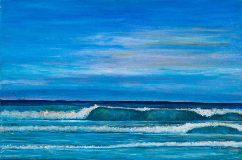 Seacape-Airport-Beach-Waves-calm-day-Cayman-Brac-18x24-Acrylic-on-canvas-$5840 by Monte Thornton Watching sunsets