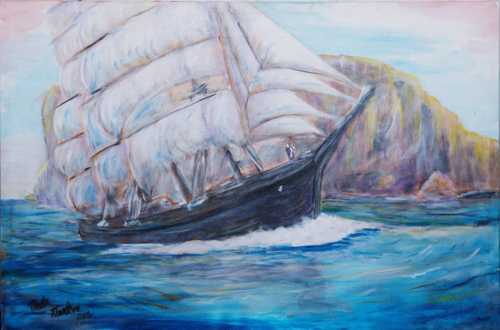 Seascape- Ship of Sapphire Heart - Acrylic Painting-36x24-sold Monte Thornton Prints Only.