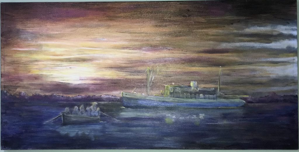 Going ashore. - Smooth Sailing Exhibit Schooners -24x48 -Acrylic- on canvas- $1880